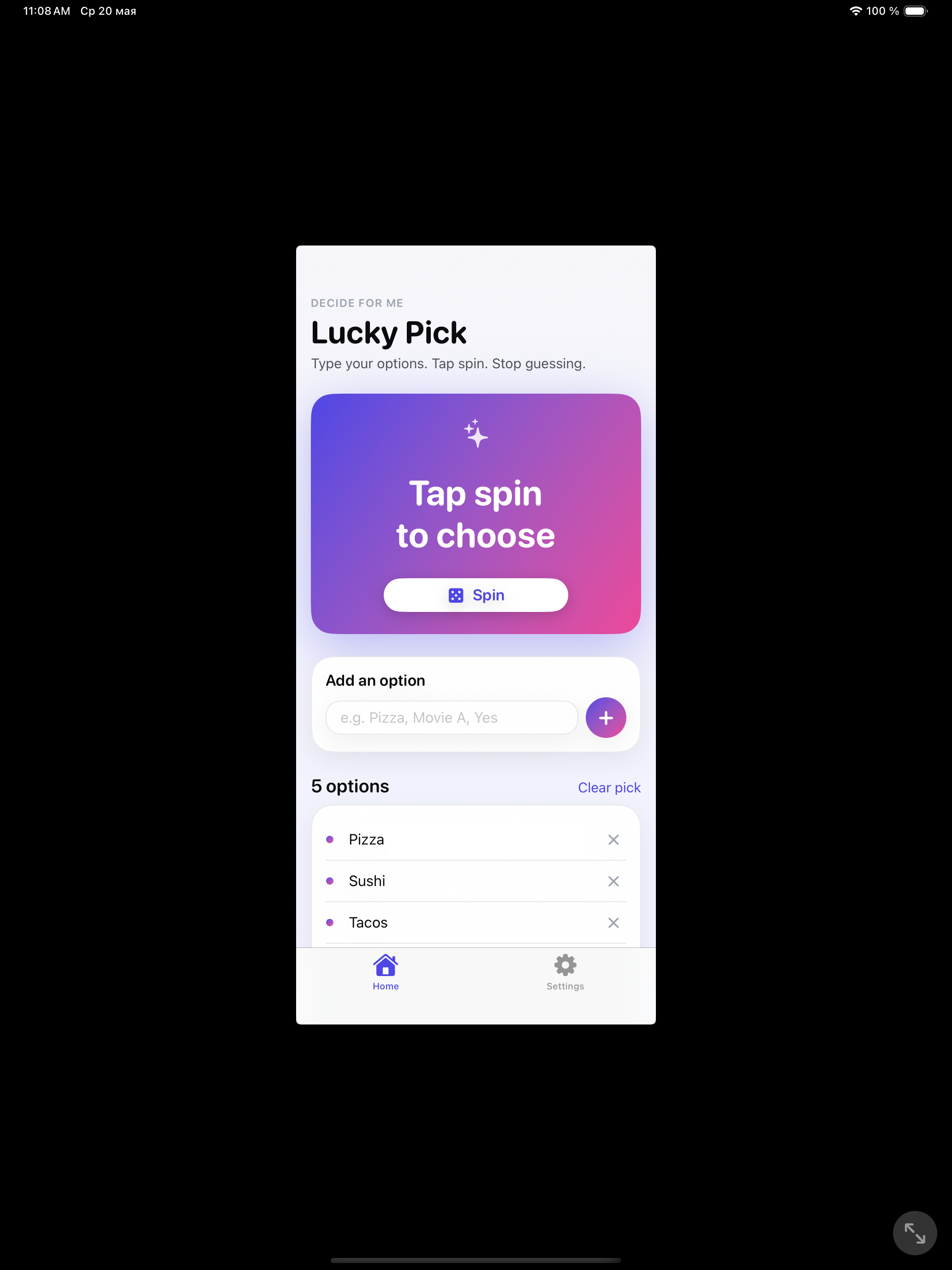 Lucky Pick — home screen